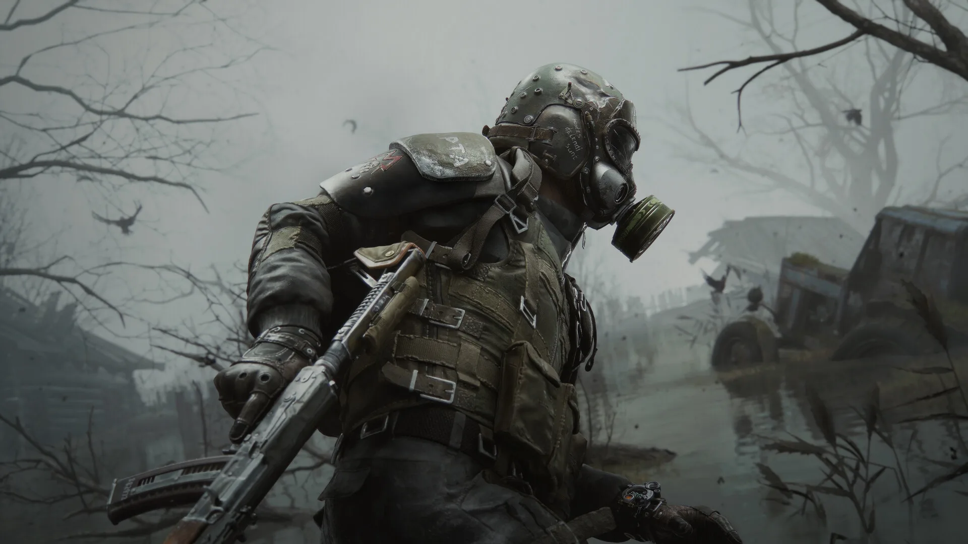 Gas-masked survivor with a rifle in a foggy ruined street, official Steam screenshot
