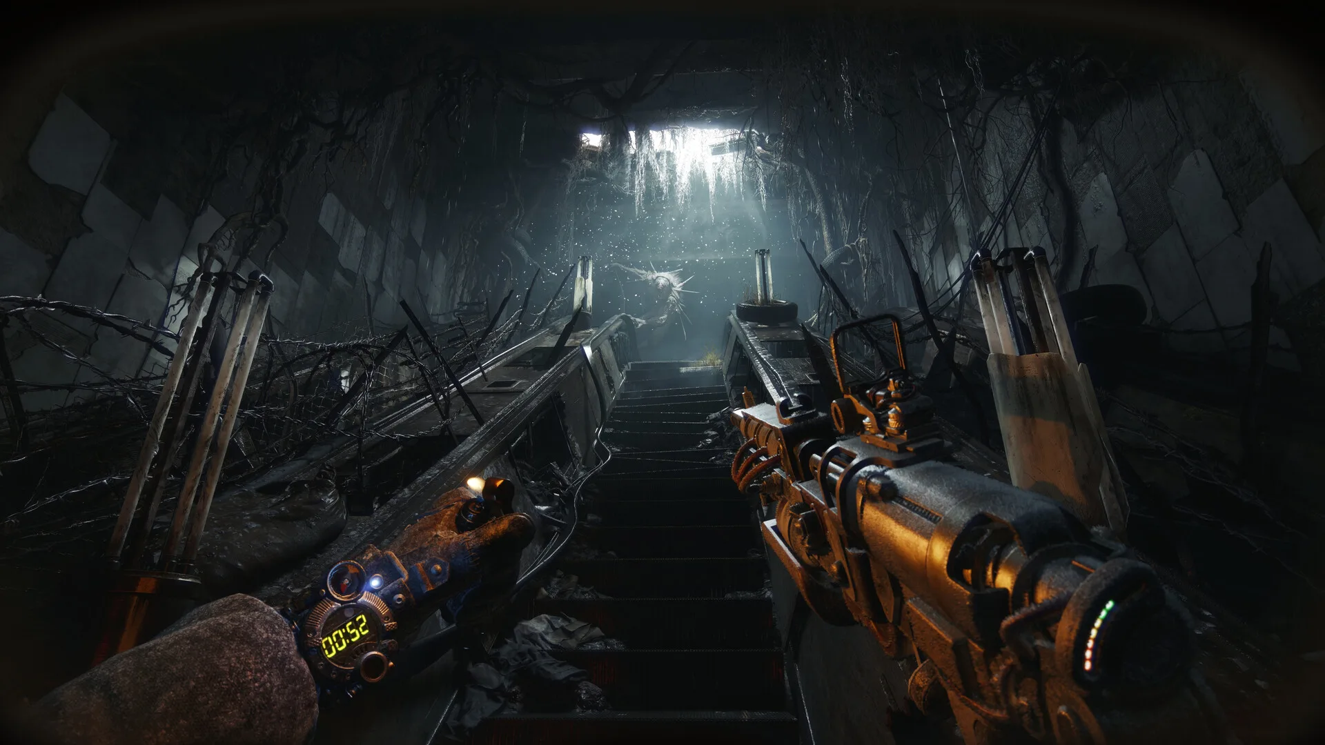 First-person view down a dark metro tunnel with a rifle marked 2039