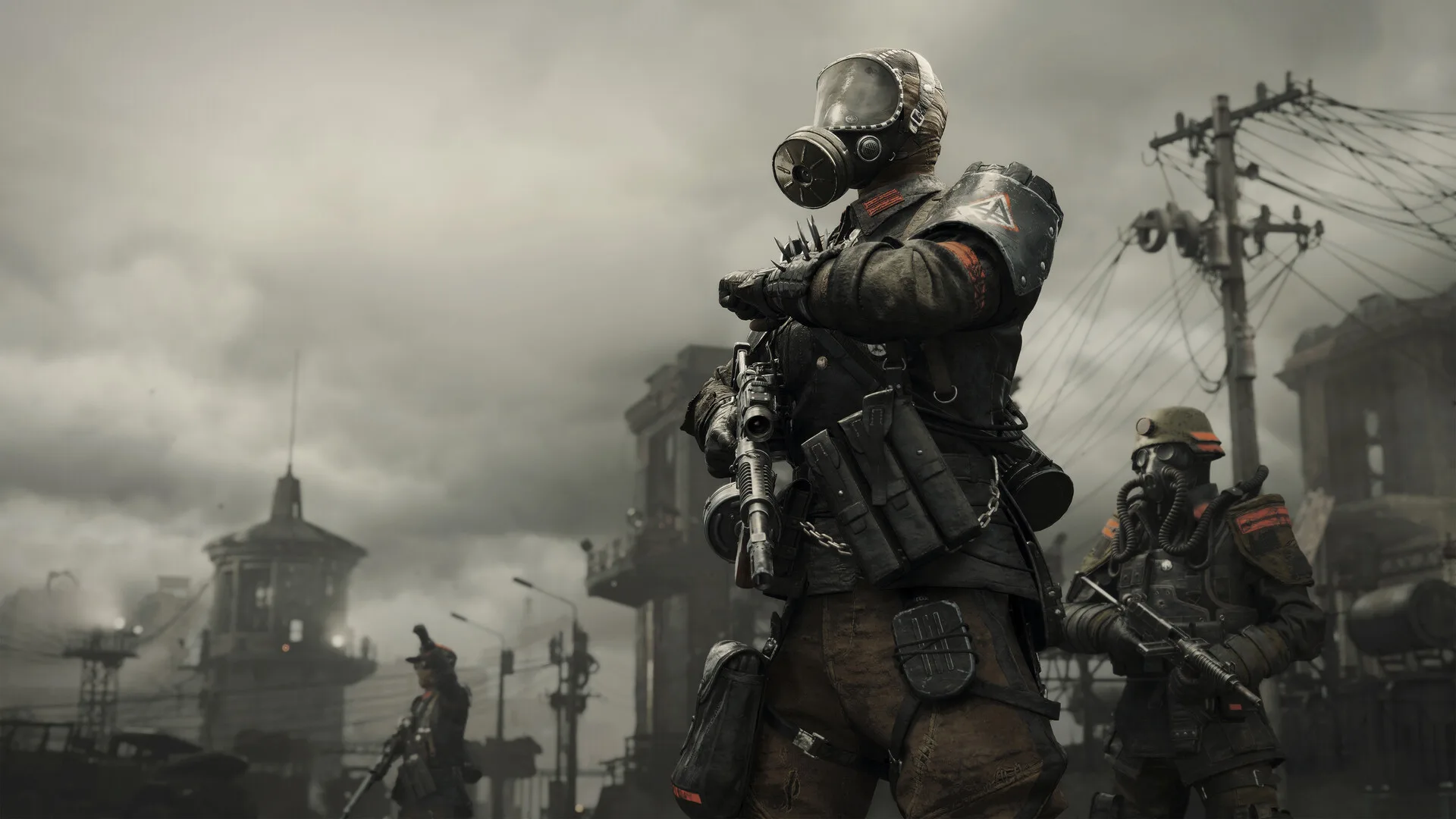 Two gas-masked fighters in a snowy ruined plaza