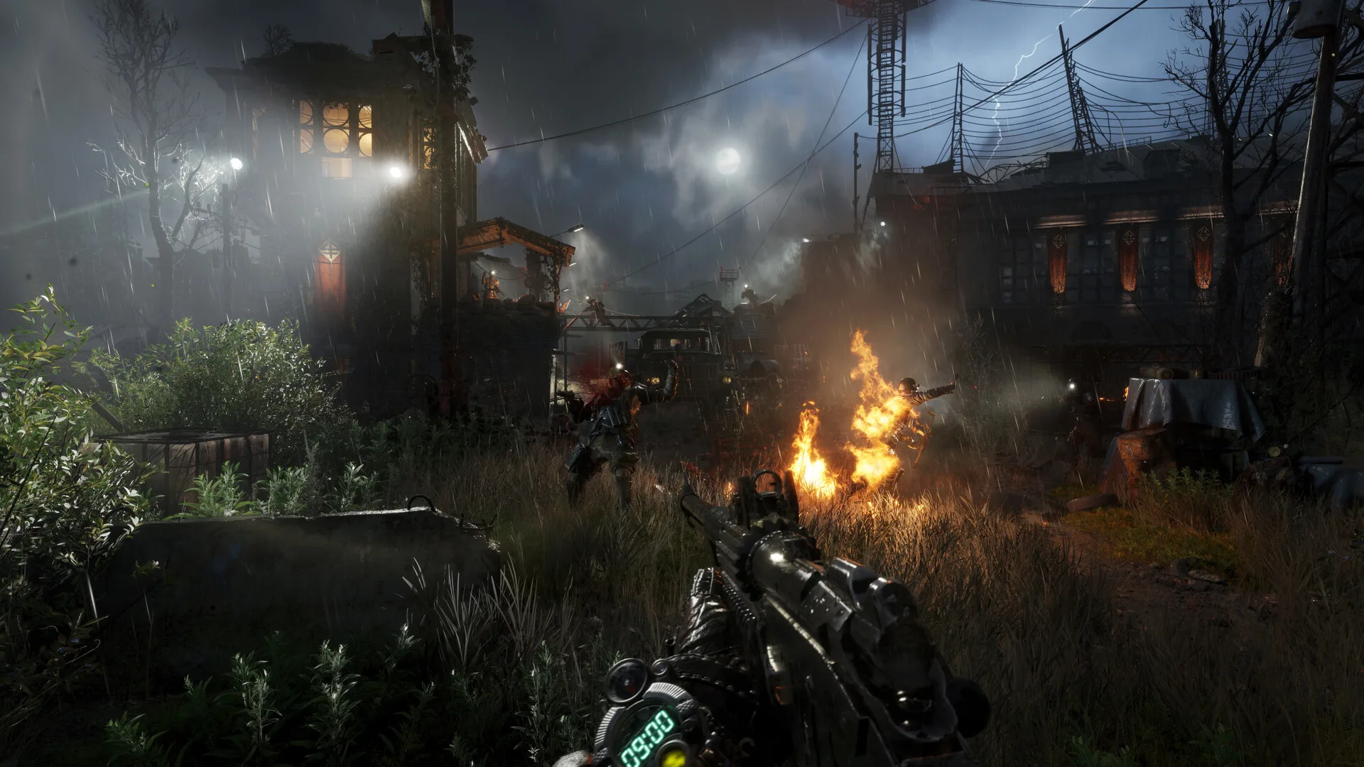Night firefight beside a burning barricade